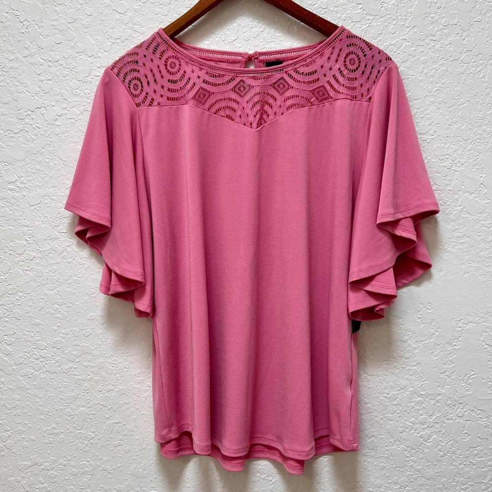 Worthington Wild Rose Pink Lace Yoke Flutter Sleeve‎ Blouse PXL New Feminine